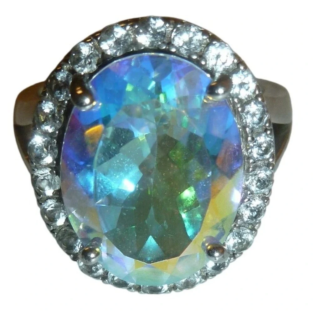 Silver Tone Aurora Borealis Crystal Halo Cocktail Ring Oval Iridescent Size‎ 7